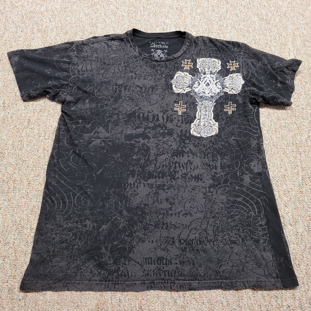 Archaic‎ Shirt Mens 2XL Black All Over Print Celtic Cross Wings Tribal Grunge